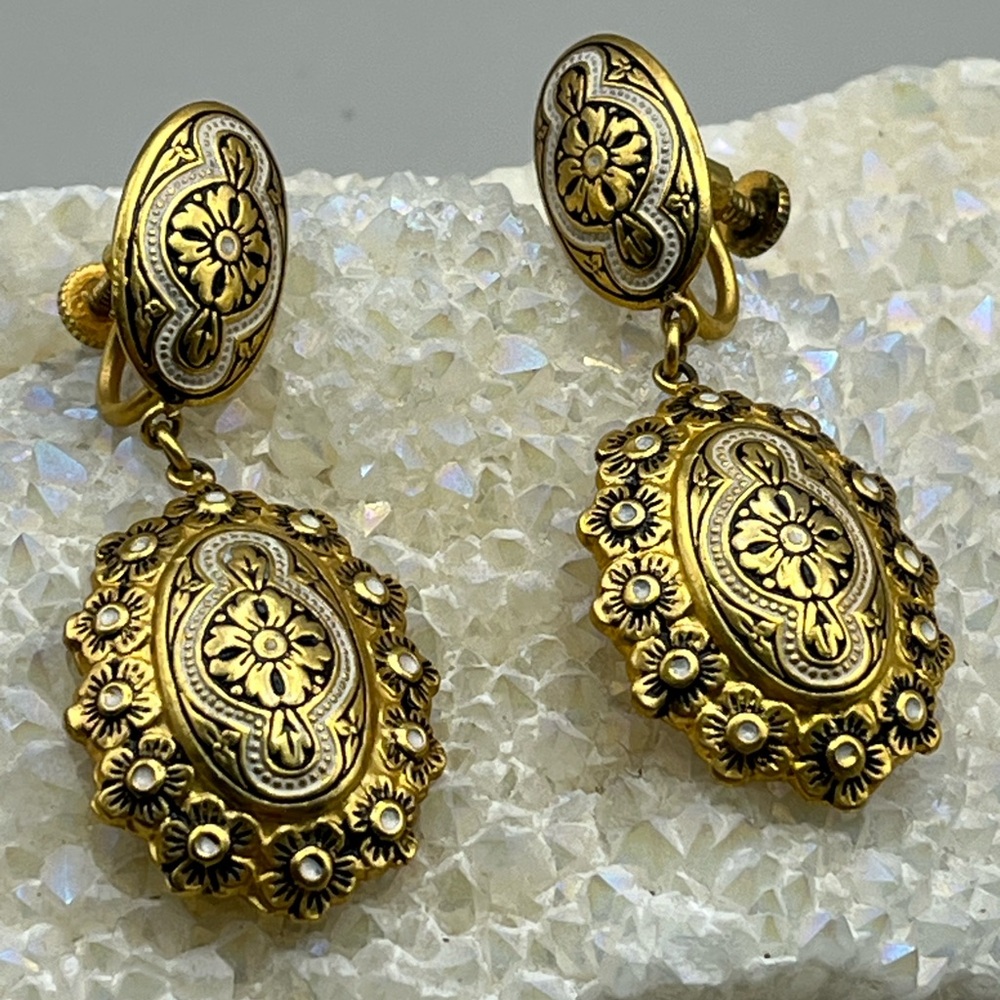 Elegant Vintage Gold Toned Floral Drop Earrings-Antique Inspired Statement